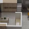 Modern Kitchen Interior Featuring Swing Door With Wooden Cabinet And Tile Floor