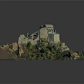 European Style Castle Architecture On Mountainous Hill With Rocky Terrain And Lush Vegetation 3d model