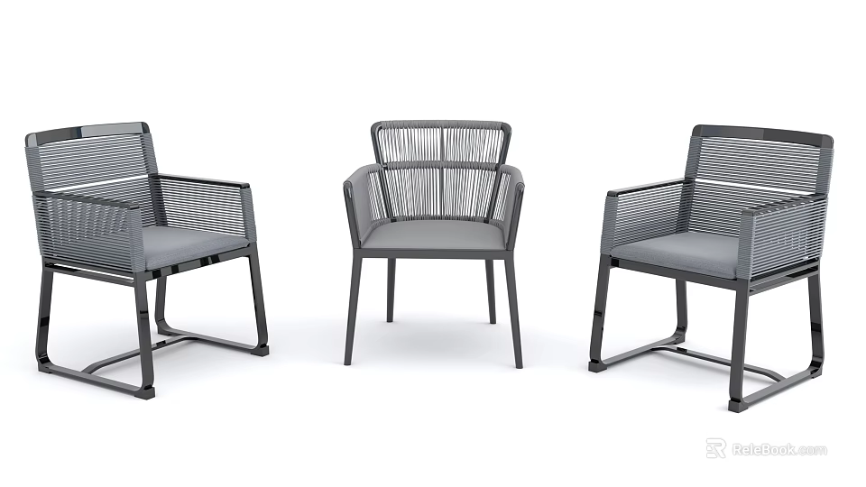 Modern Outdoor Leisure Chairs With Rattan Weave Backrest And Metal Frame Cushioned Seats 3d model 