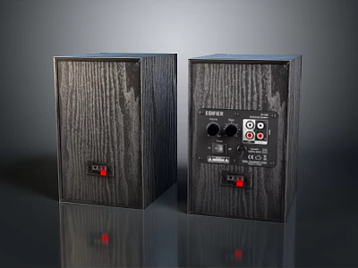 Pair of Black Wooden Computer Speakers With Control Panel And Input Ports 3d model