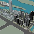 Modern Commercial Street With High Rise Buildings Pedestrians Green Trees And Skywalk
