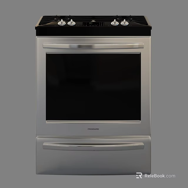 Stainless Steel Kitchen Range Oven with Black Control Panel Top Burners and Drawer Design 3d model 