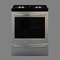 Stainless Steel Kitchen Range Oven with Black Control Panel Top Burners and Drawer Design