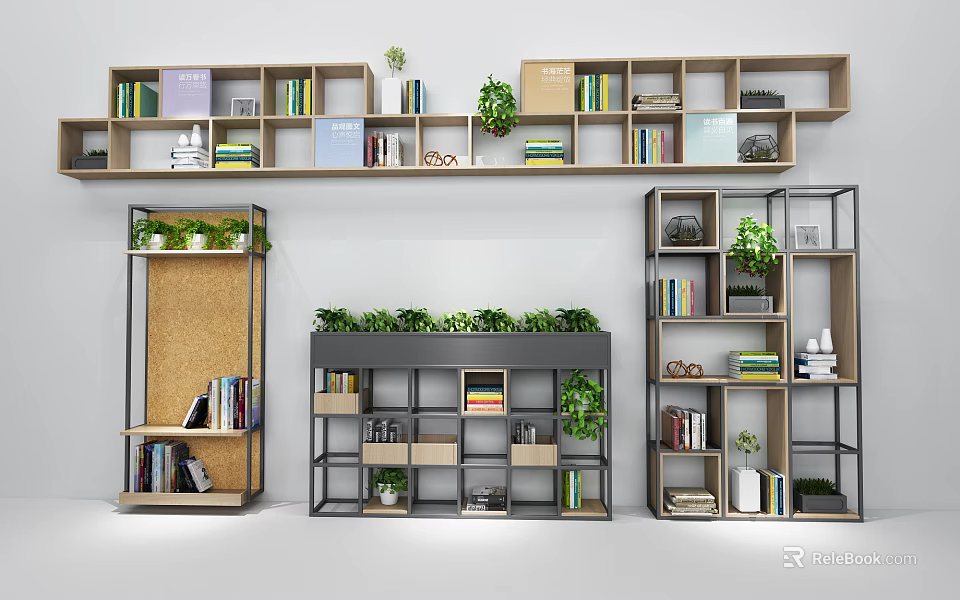 Modern Multilayered Shelving Units With Books Green Plants And Decorative Accents 3d model 