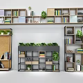 Modern Multilayered Shelving Units With Books Green Plants And Decorative Accents