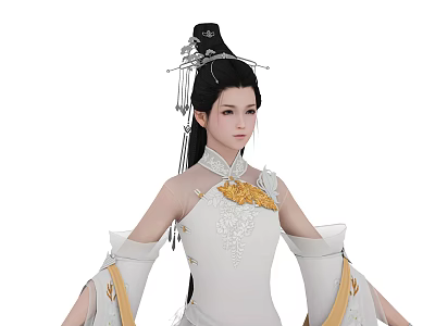 Traditional Female Character In White Robe With Silver Hair Ornaments And Golden Phoenix Embellishments 3d model