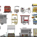 Colorful Mobile Street Food Carts With Various Designs And Shade Awnings