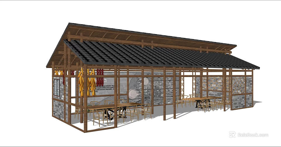 Wooden Pergola Structure With Black Tile Roof And Glass Panels For Outdoor Seating 3d model 