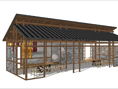 Wooden Pergola Structure With Black Tile Roof And Glass Panels For Outdoor Seating 3d model