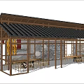 Wooden Pergola Structure With Black Tile Roof And Glass Panels For Outdoor Seating