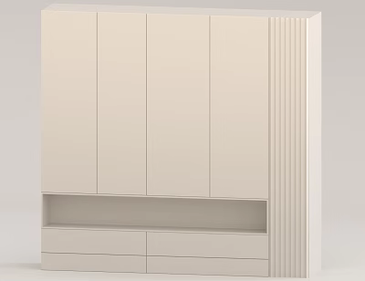 Modern White Wall Design With Vertical Panels Paneled Cabinets Drawers And Open Shelf 3d model
