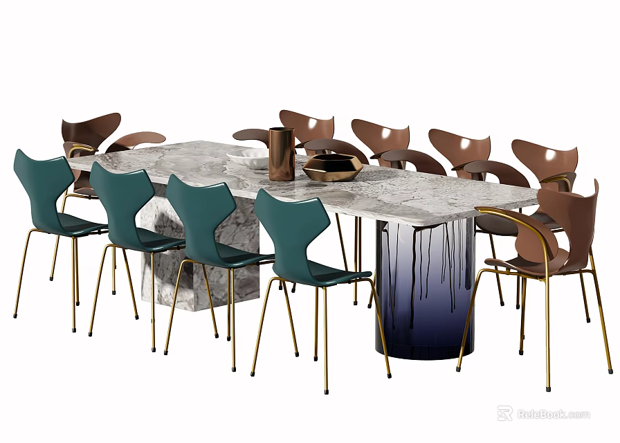 Modern Dining Table Set With Marble Top Mixed Color Chairs And Golden Legs 3d model