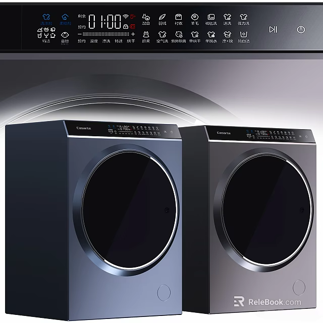 Two Modern Dark Washing Machines With Round Door And Control Panel Design 3d model