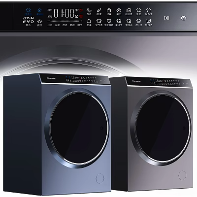 Two Modern Dark Washing Machines With Round Door And Control Panel Design 3d model