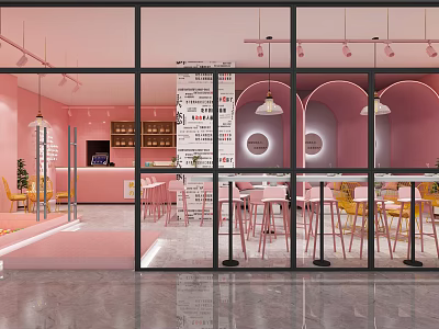 Pink Milk Tea Shop Interior With Open Layout Tables Chairs And Pendant Lights 3d model