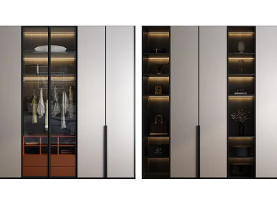 Modern Wardrobe Interior Design With Glass Doors LED Lighting Hanging Area And Storage Shelves 3d model