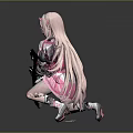 Game Character With Pink Long Hair Holding Pink White Long Gun Kneeling On One Knee