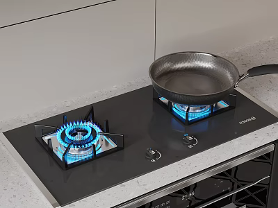 Black Gas Stove With Two Blue Flames And Pan On Burner Countertop 3d model