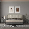 Modern Double Bed With White Upholstered Headboard Nightstands Wall Art And Green Plant