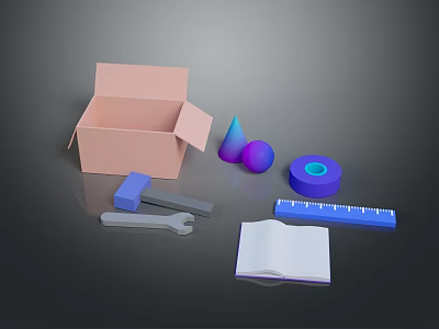 Lighting Fixture Combination With Open Pink Box Purple Cone Sphere Blue Tape Ruler And Tools 3d model