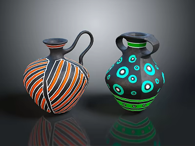Handcrafted Sculpted Decorative Vases With Orange Black Stripes And Blue Green Circles 3d model
