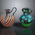 Handcrafted Sculpted Decorative Vases With Orange Black Stripes And Blue Green Circles