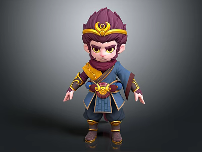Cartoon Monkey Character 3D Model With Traditional Blue Costume And Gold Accessories 3d model