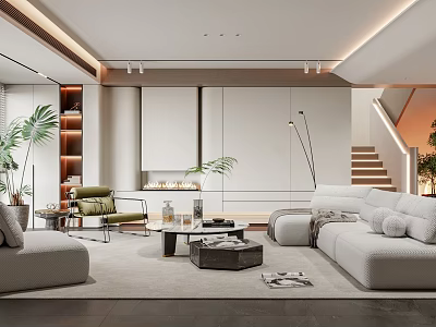 Modern Minimalist Living Room Interior Design With Sofa Coffee Table Armchair And Plants 3d model