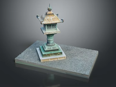 Traditional Ancient Style Bronze Decorative Lantern With Stone Base And Ornate Top 3d model