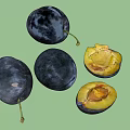 Fresh Dark Purple Plums With Whole And Sliced Yellow Flesh And Visible Stone