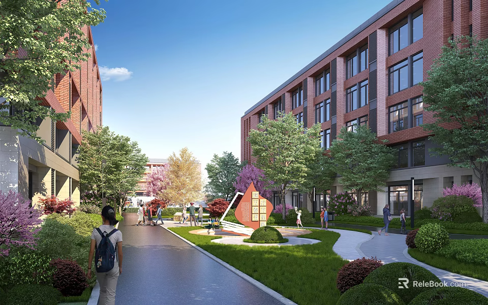 Modern School Campus Garden Landscape With Lush Plants Paved Walkways And Open Activity Spaces 3d model 