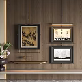 Stylish Abstract Paintings On Wooden Wall With Flower Vase Shelf And Lighting Fixture