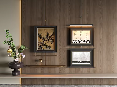 Stylish Abstract Paintings On Wooden Wall With Flower Vase Shelf And Lighting Fixture 3d model