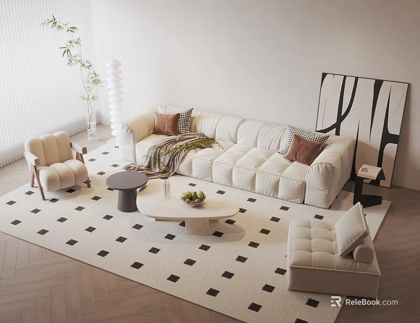 Modern Tufted Sofa And Coffee Table Set In Living Room With Area Rug Accent Chair 3d model 