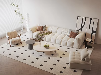 Modern Tufted Sofa And Coffee Table Set In Living Room With Area Rug Accent Chair 3d model