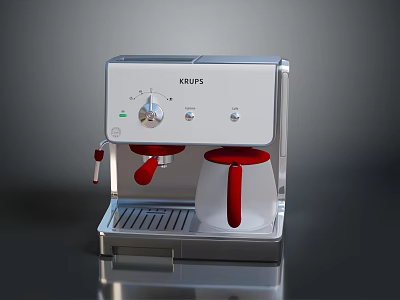 Krups Modern Coffee Machine With White Body Red Handles And Metal Base 3d model