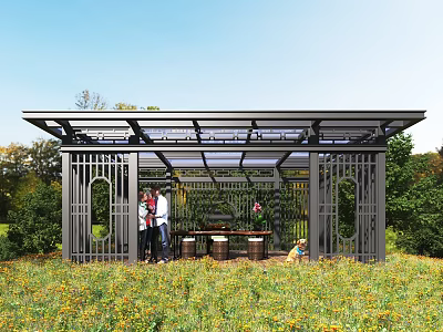 Outdoor Metal Pergola With Transparent Roof For Garden Relaxation Surrounded By Greenery 3d model
