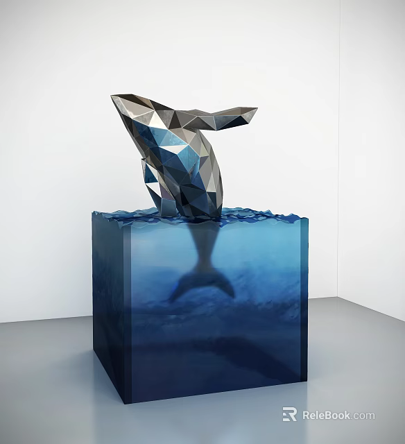 Geometric Whale Sculpture Leaping From Blue Cube Base With Underwater Reflection 3d model