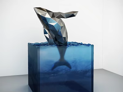 Geometric Whale Sculpture Leaping From Blue Cube Base With Underwater Reflection 3d model