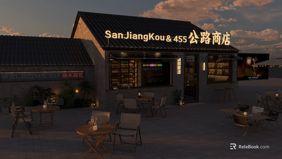 Cozy Roadside Bar with Outdoor Seating Tables Chairs and Warm Exterior Lighting Design 3d model 
