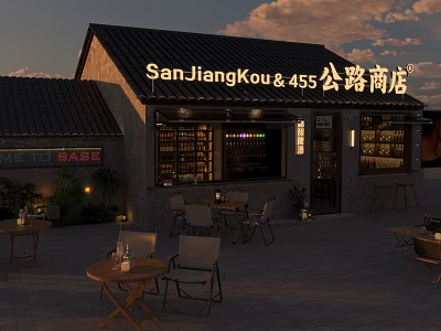 Cozy Roadside Bar with Outdoor Seating Tables Chairs and Warm Exterior Lighting Design 3d model