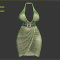 Beige Halter Neck Deep V Neck Dress With Brown Belt And Drape Design