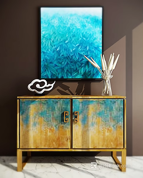 Console Cabinet Sideboard With Gradient Blue Yellow Finish Golden Handles Decorative Painting Vase Reeds 3d model 