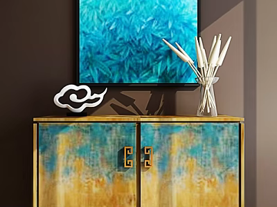 Console Cabinet Sideboard With Gradient Blue Yellow Finish Golden Handles Decorative Painting Vase Reeds 3d model
