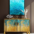 Console Cabinet Sideboard With Gradient Blue Yellow Finish Golden Handles Decorative Painting Vase Reeds