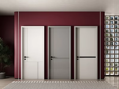 Modern Hinged Doors In White Grey And Black Stripe Design On Red Wall Interior 3d model