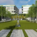 Modern Industrial Factory Exterior Design With Glass Curtain Walls And Plaza Greenery