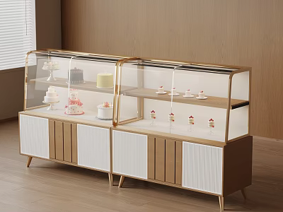 Modern Display Cabinet With Glass Doors Golden Frame Showcases Cakes Pastries On Wooden White Base 3d model