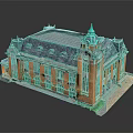 European Architecture Model Featuring Yellow Facade Green Spire Arched Windows And Ornate Details