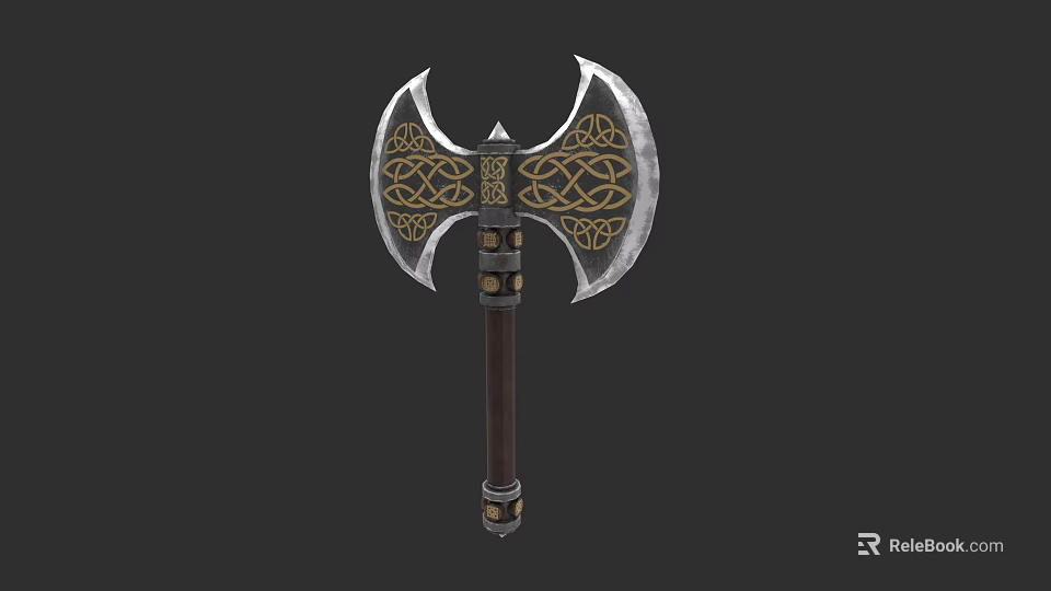 Decorative Double Headed Axe With Intricate Patterns Wooden Handle And Metal Accents 3d model 